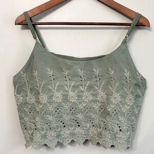 Free People Top L Sage Green Eyelet Lace Trim Crop Cami Boho‎ Coquette Cottage